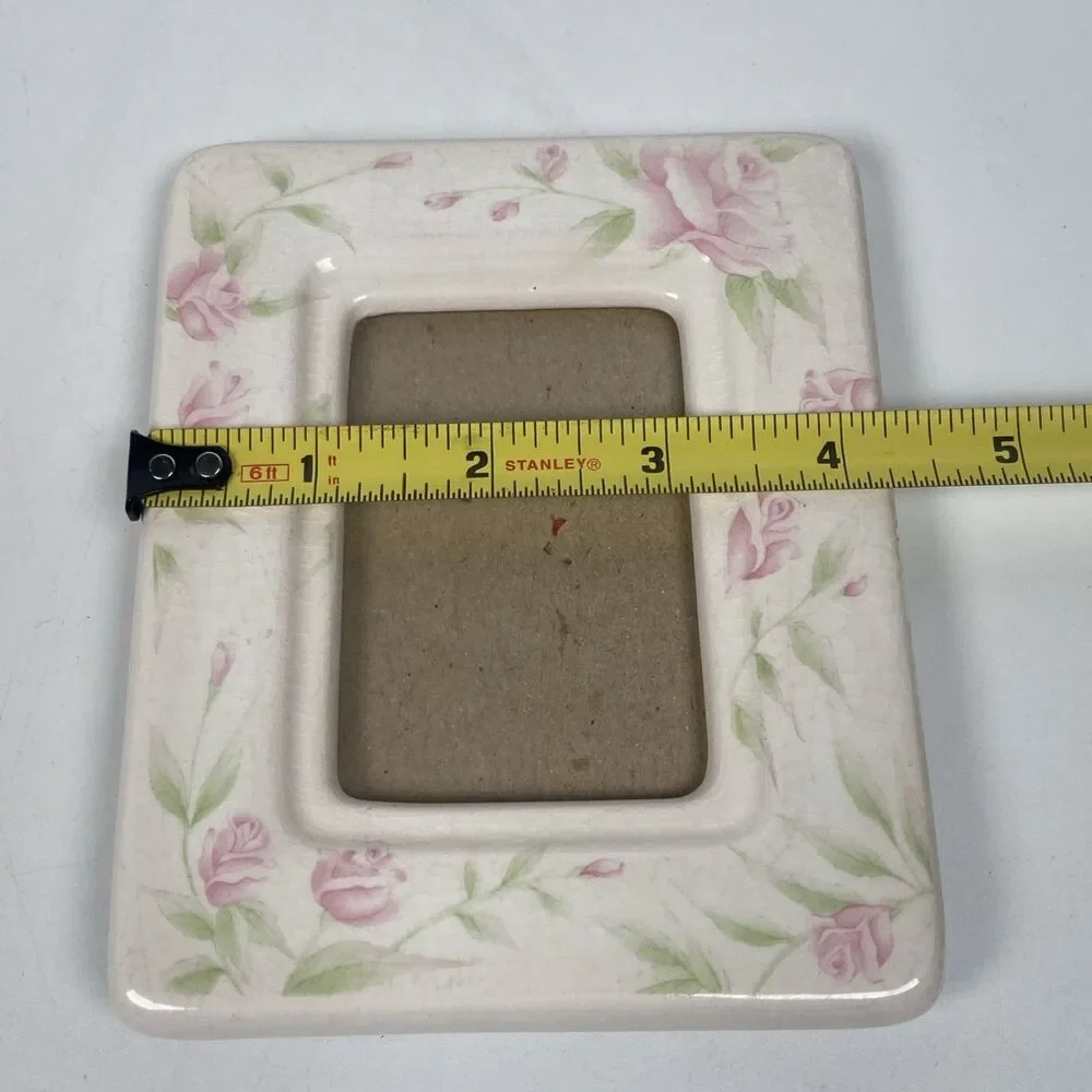Burnes Ceramic Photo Picture Frame White Pink Floral Rose  Cottage 4.5